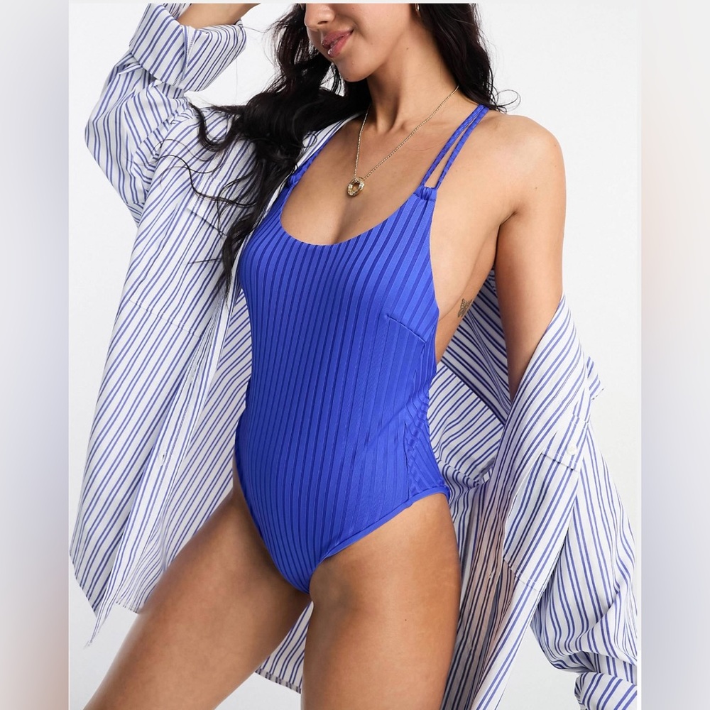 NWT ASOS DESIGN ribbed lattice strap swimsuit with high leg in cobalt blue